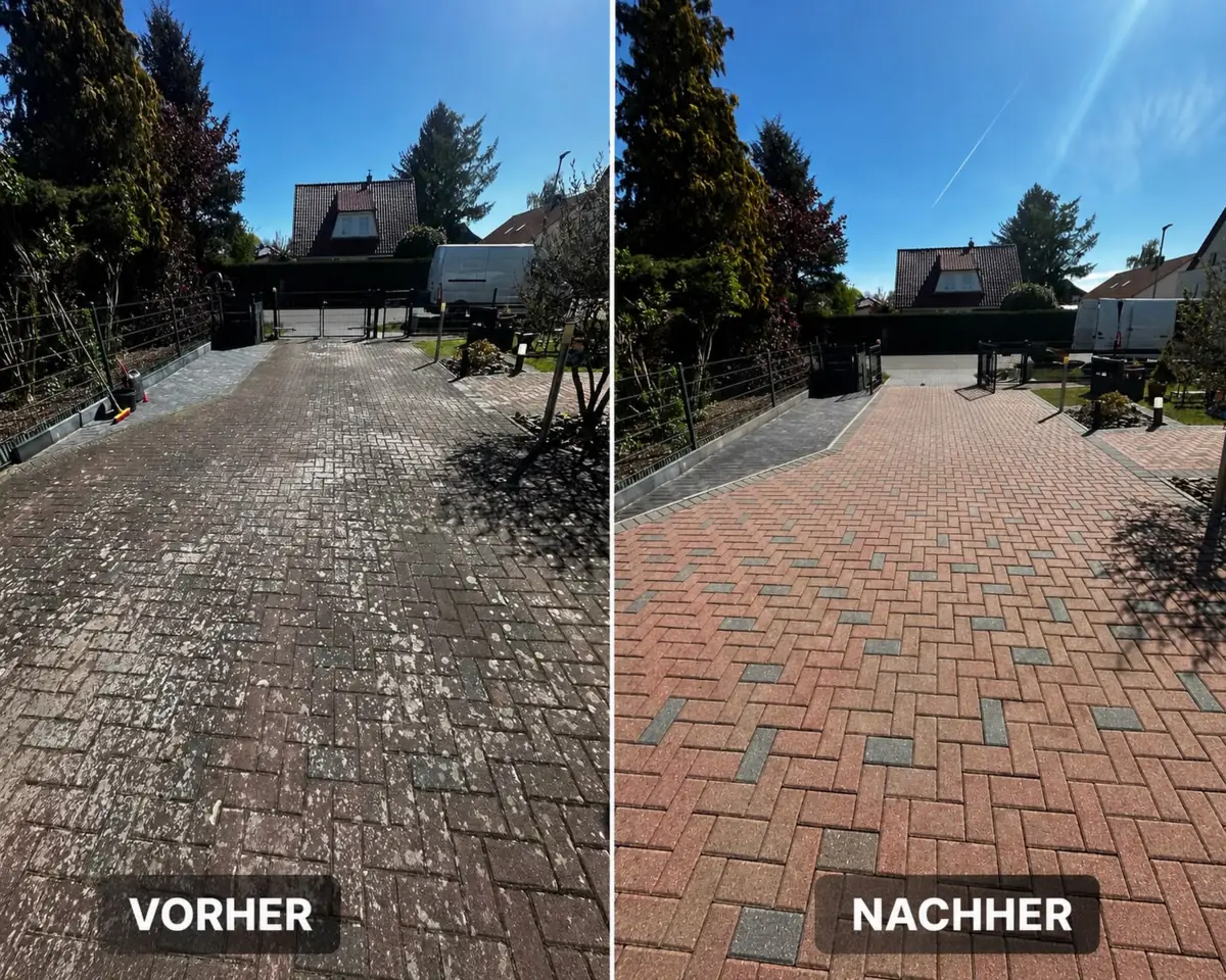 Vorher-Nachher-Vergleich einer gepflasterten Einfahrt: links Flechten und Grauschleier, rechts gereinigte rote Pflastersteine