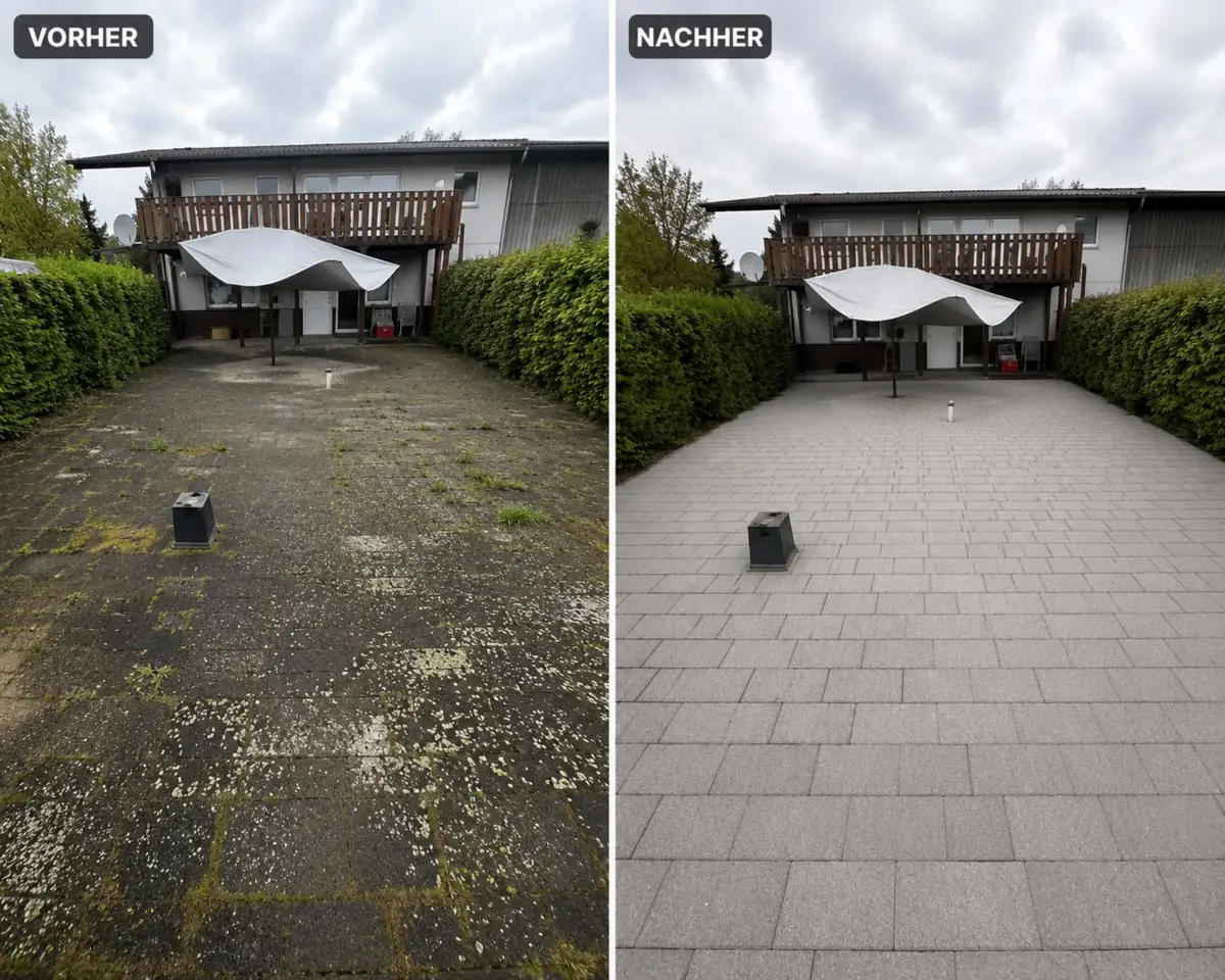 Vorher-Nachher-Vergleich einer Terrasse: links Moos und Grünbelag, rechts gereinigte graue Platten
